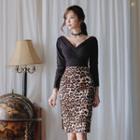 Set: Long-sleeve Top + Leopard Print Pencil Skirt