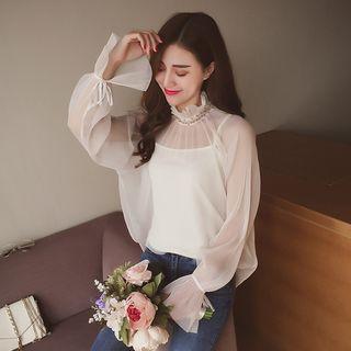 Set: Beaded Long Sleeve Mock Neck Mesh Top + Camisole