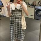 Puff-sleeve Plain Blouse / Plaid Overall Dress