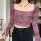 Square Contrast Stripe Knit Crop Top Stripe - Purple - One Size