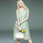 Rhinestone Elbow-sleeve Silk Dress