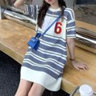 Short-sleeve Striped Knit Mini Shift Dress