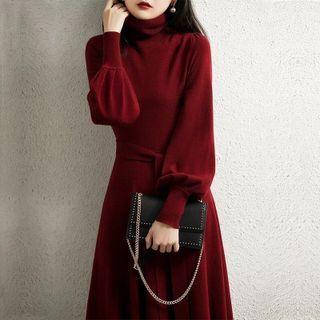 Lantern-sleeve Turtleneck Plain Slim Fit Long Knit Dress