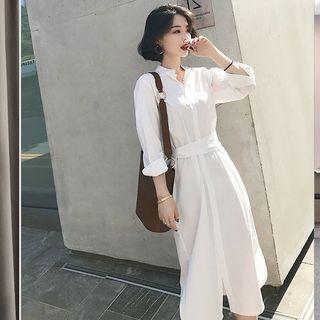 Tie-waist Shirt / Long-sleeve Midi A-line Shirtdress
