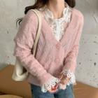 Long-sleeve Lace Top / Pointelle Knit Cardigan