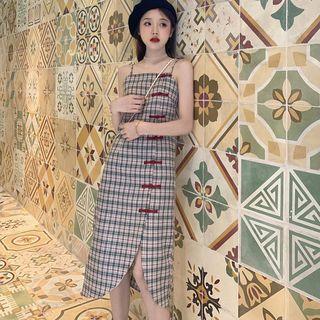 Spaghetti Strap Frog Buttoned Plaid Dress