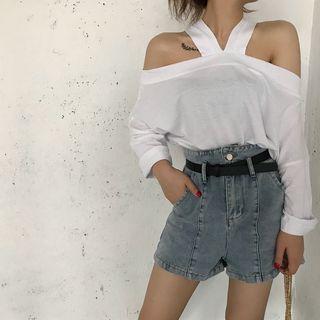 Plain Halter Loose-fit Long-sleeve Top