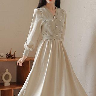V-neck Knit Panel Midi A-line Dress