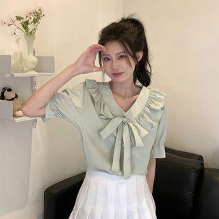 Short-sleeve V-neck Bow Frill Trim Blouse