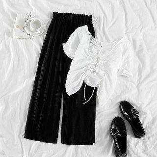 Frilled Trim Short-sleeve Blouse / High Waist Wide-leg Pants