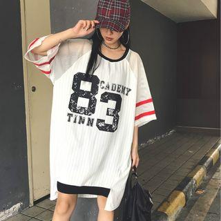 Mesh Panel Numbering 3/4-sleeve T-shirt Dress