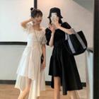 Puff-sleeve Lace-up Asymmetrical A-line Dress