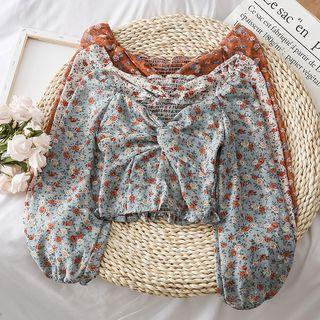 Boatneck Knotted Floral Chiffon Blouse