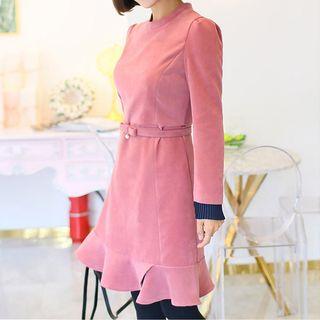 Puff-shoulder Ruffle-hem A-line Dress With Belt