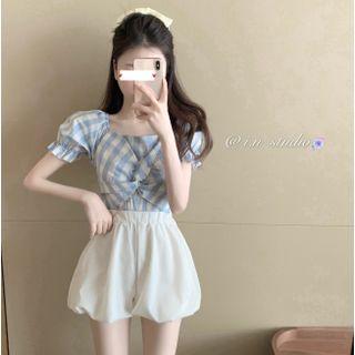 Puff-sleeve Check Twist-front Top / Shorts