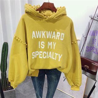 Lettering Pom Pom Trim Hoodie