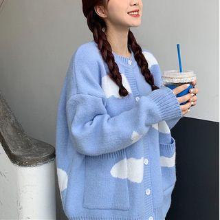 Round Neck Cloud Print Cardigan