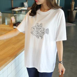 Fish-embroidered Cotton T-shirt