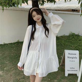 Long Sleeve Ribbon-accent Long Blouse