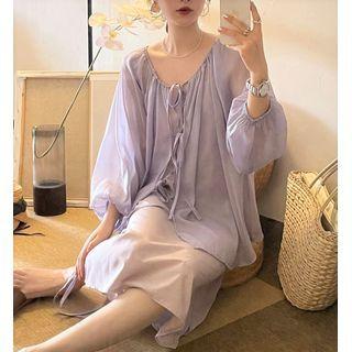 3/4-sleeve Loose-fit Light Jacket / Spaghetti Strap Plain Midi Dress