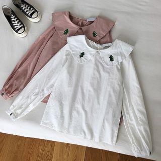 Embroidered Peter-pan Collar Long-sleeve Blouse