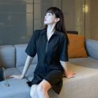 Short-sleeve Zipped Mini Dress Black - One Size
