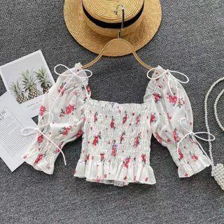 Puff-sleeve Square-neck Ruffled-trimtie-strap Floral Cropped Top White - One Size