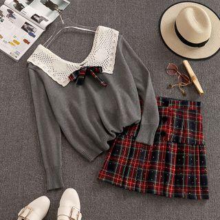 Set: Lace Collar Sweater + Plaid Skirt