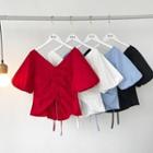 Asymmetric Puff-sleeve V-neck Slim-fit Top
