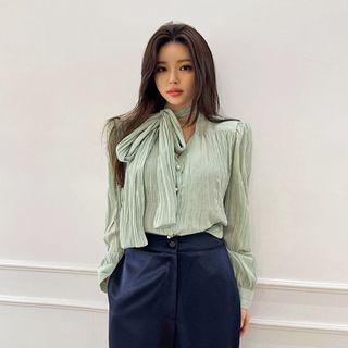 Tie-neck Shirred Crinkled Blouse
