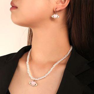 Heart Planet Drop Earring / Faux Pearl Necklace