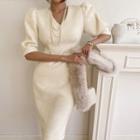 Puff-sleeve Fuzzy Sheath Dress