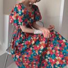 Puff-sleeve Open-back Floral Print Midi A-line Dress