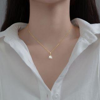 Flower Rhinestone Pendant Sterling Silver Necklace Gold - One Size