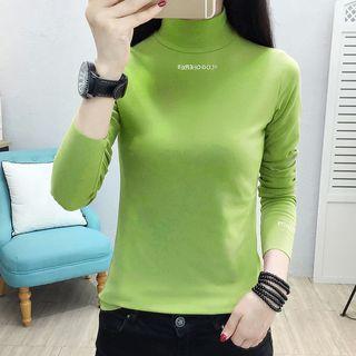 Mock-turtleneck Letter Embroidered Knit Top