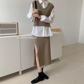 Cropped V-neck Knit Vest Tank Top / Slit Skirt