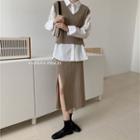 Cropped V-neck Knit Vest Tank Top / Slit Skirt