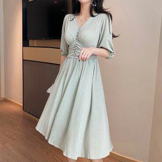 Puff-sleeve Plain A-line Midi Dress Green - One Size
