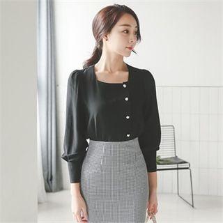 Square-neck Fuax-pearl Buttoned Blouse