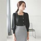 Square-neck Fuax-pearl Buttoned Blouse