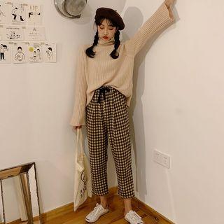 Turtleneck Ribbed Sweater/ Plaid Drawstring Cropped Pants