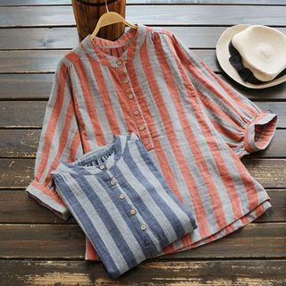 Elbow-sleeve Stripe Stand-collar Blouse