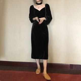 Balloon-sleeve Velvet Midi Sheath Dress
