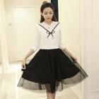 Perforated 3/4 Sleeve Tulle Dress