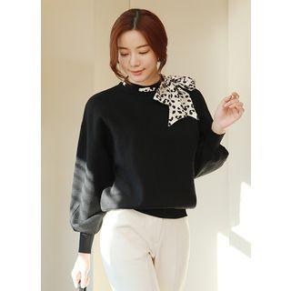 Inset Leopard-scarf Balloon-sleeve Sweater