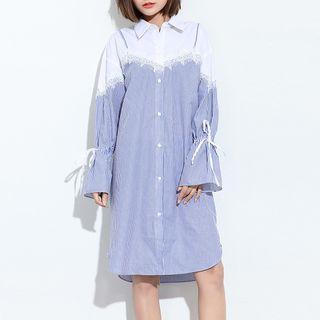 Lace Trim Mock Two-piece Striped Shirtdress