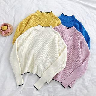 Color-block Mock-neck Long-sleeve Knit Top
