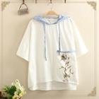 Elbow-sleeve Embroidered Hooded T-shirt