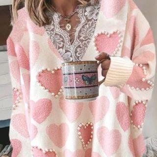 Heart Print Lace Trim Sweater