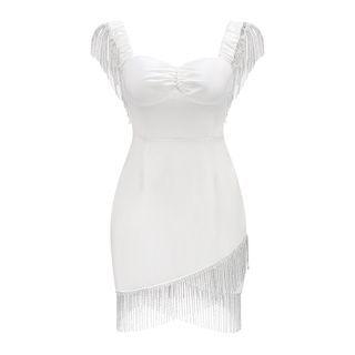 Sleeveless Rhinestone Fringed Mini Sheath Dress